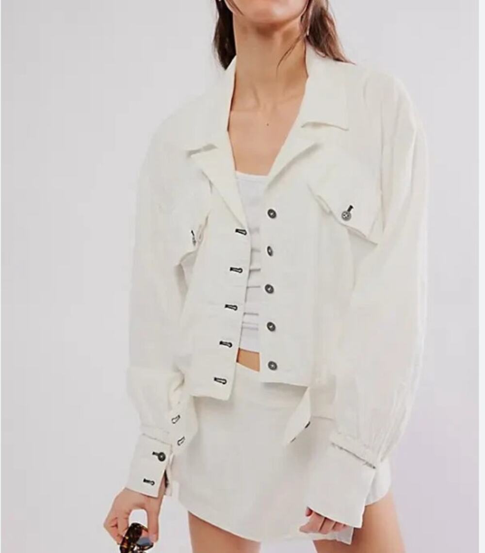 Free People Ivory Linen Cropped Billy Saddle Jacket Size XL